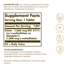Solgar Folate 1000 mcg tablets close-up; vegan, gluten-free, dairy-free use case.