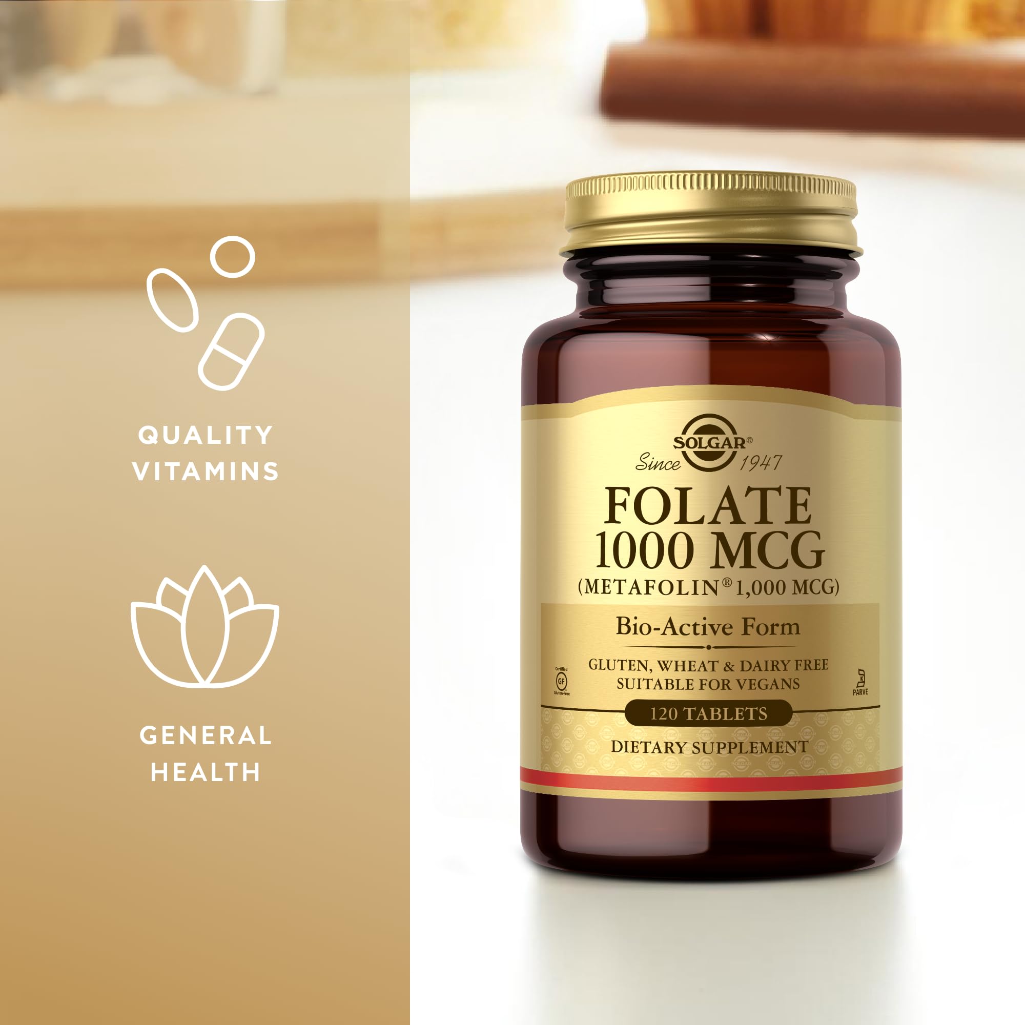 Solgar Folate bottle with glass of water; easy daily routine.