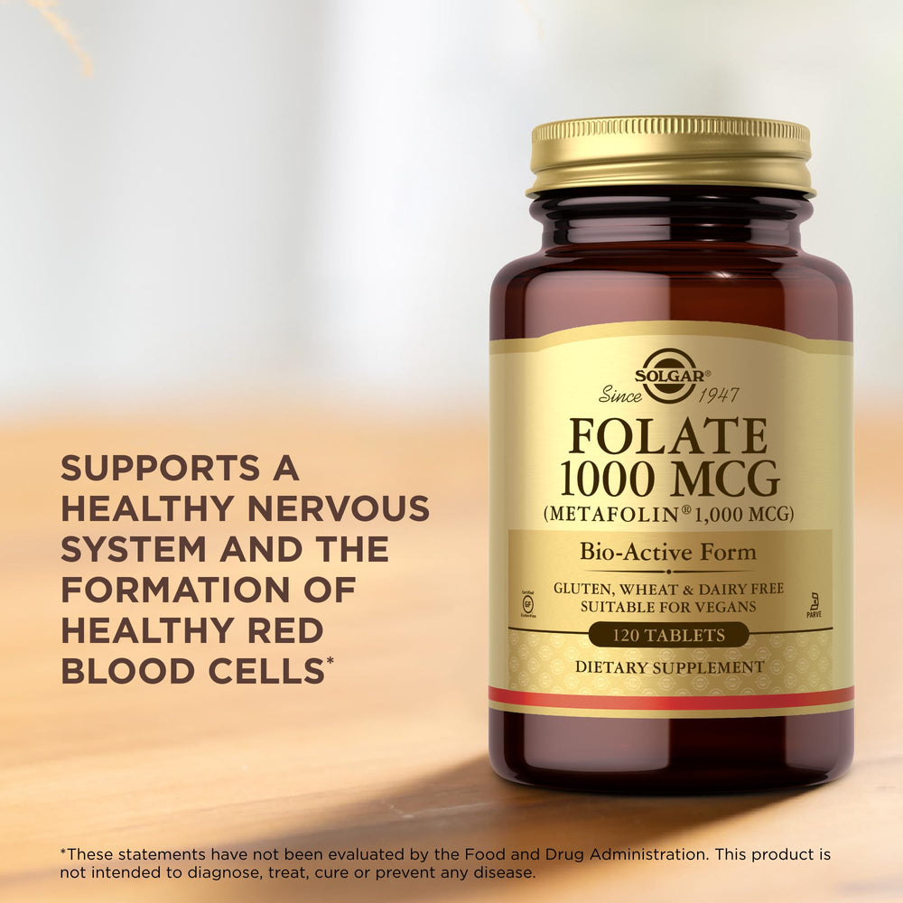 Solgar Folate label shows Metafolin and kosher certification; suitable for diverse diets.