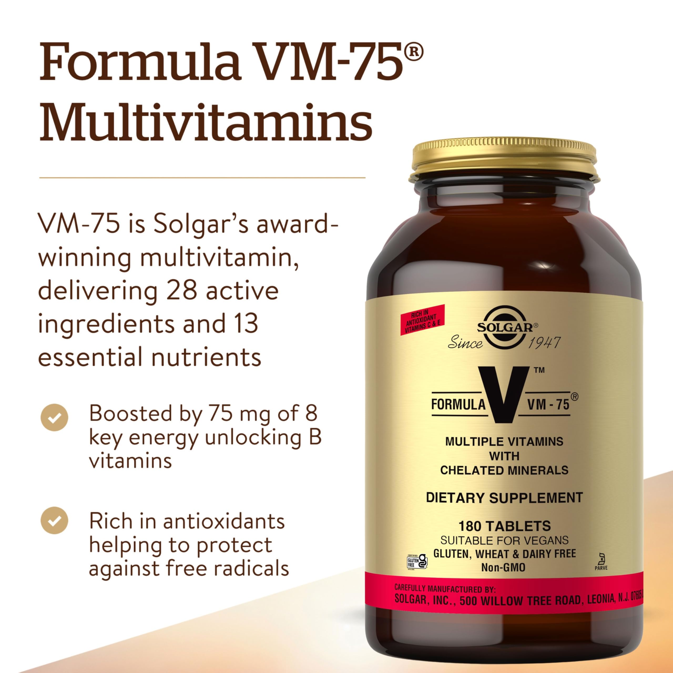 Solgar VM-75 nutrition facts panel emphasizing vitamins A through E.