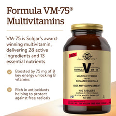 Solgar VM-75 nutrition facts panel emphasizing vitamins A through E.