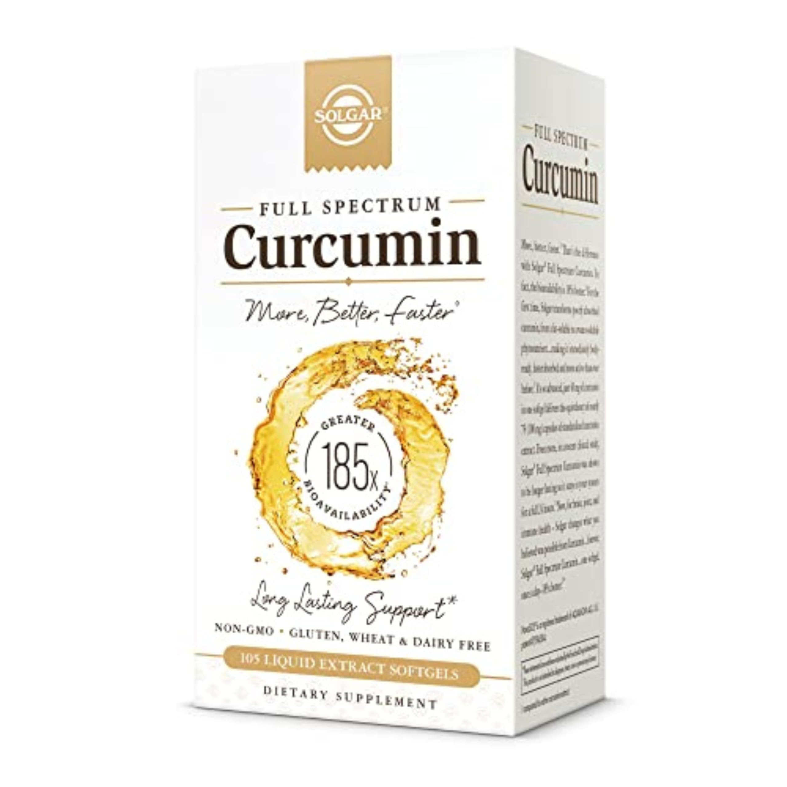 Solgar Full Spectrum Curcumin bottle label highlights advanced absorption and quality.