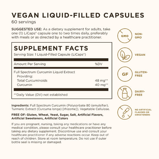 Solgar Full Spectrum Curcumin LiCaps jar front label highlights vegan non-GMO formula