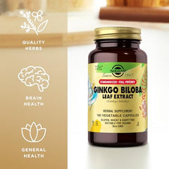 Solgar Ginkgo Biloba Leaf Extract packaging shown for convenient daily use.