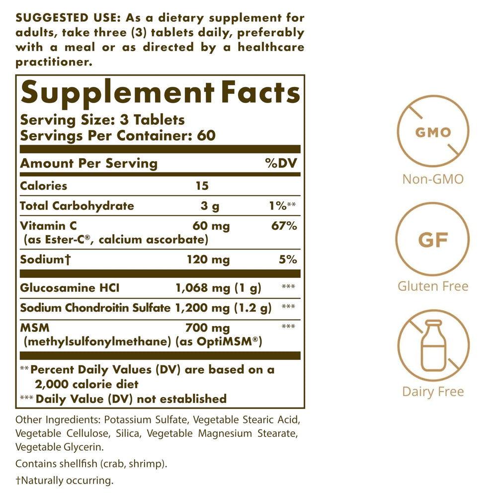 Solgar glucosamine-chondroitin-msm capsules shown for mobility and comfort.