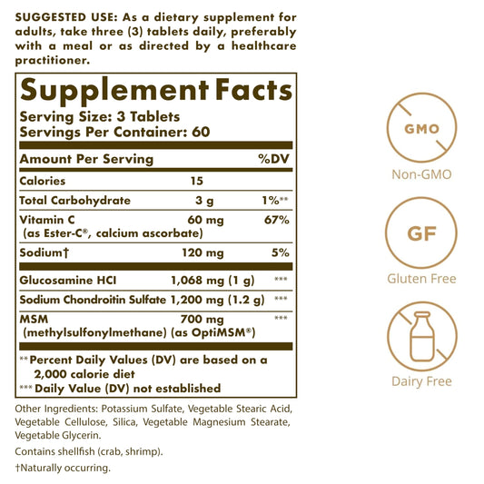 Solgar glucosamine-chondroitin-msm capsules shown for mobility and comfort.