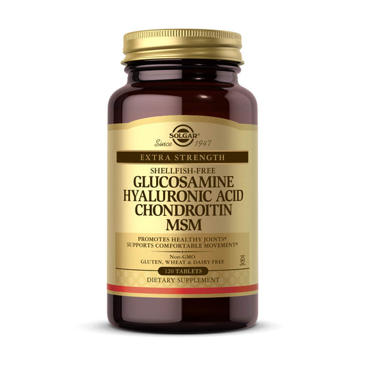 Solgar glucosamine bottle front shows tablets for joint support and flexible movement