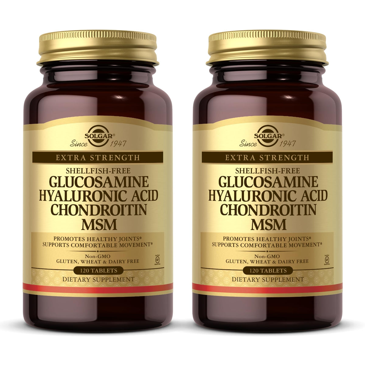 Solgar Glucosamine Hyaluronic Acid Condroitin MSM shellfish-free bottle front promotes joint support.