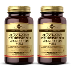 Solgar Glucosamine Hyaluronic Acid Condroitin MSM shellfish-free bottle front promotes joint support.