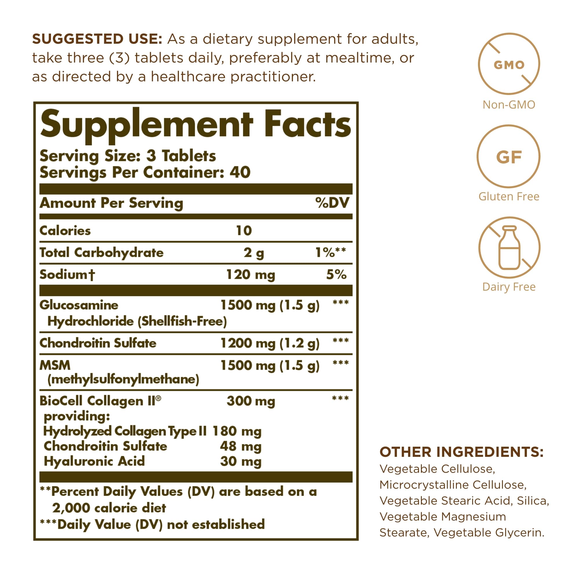 Solgar bottle label close-up highlighting ingredients for daily joint comfort.