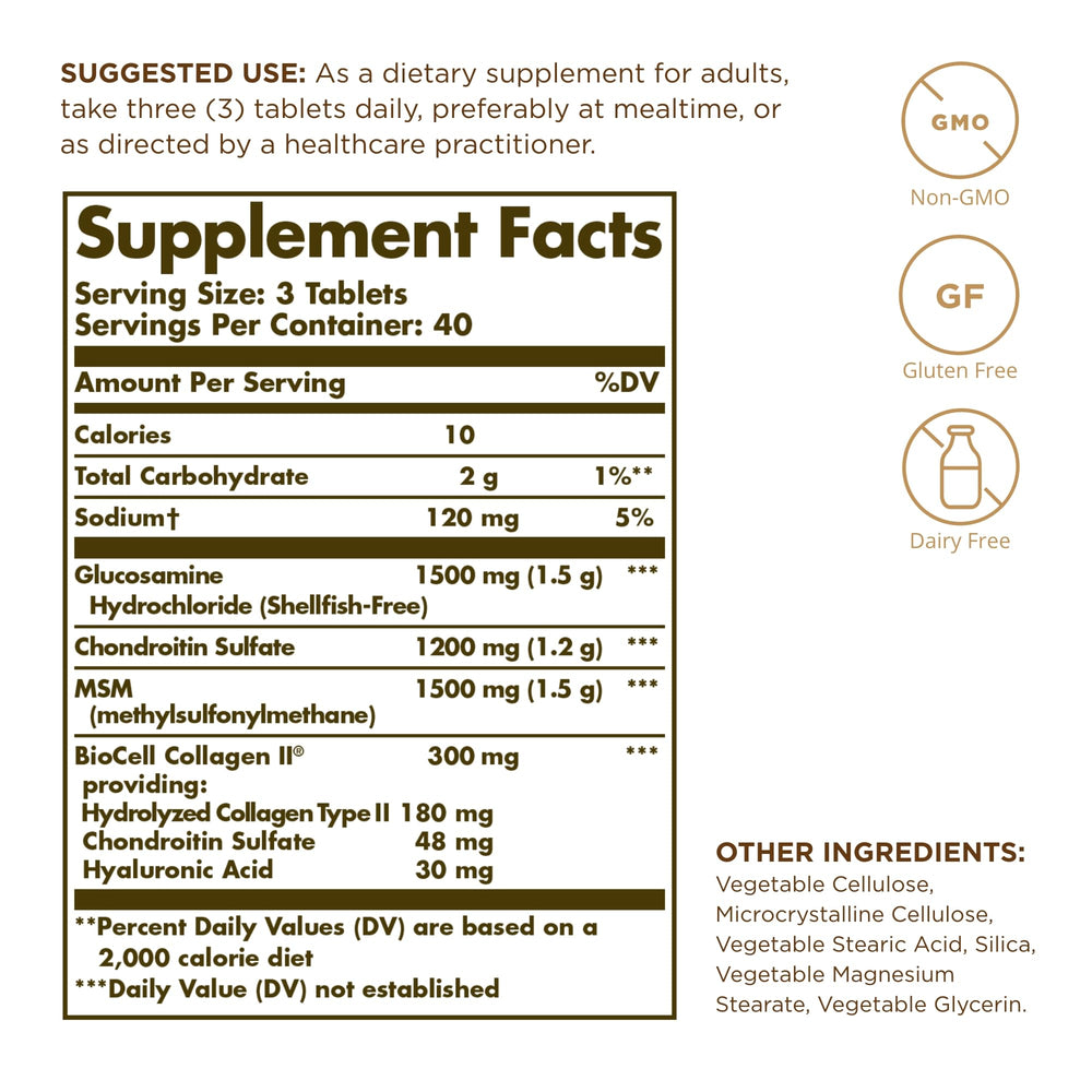 Solgar bottle label close-up highlighting ingredients for daily joint comfort.