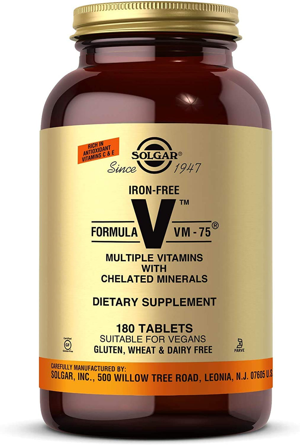 Solgar Iron-Free VM-75 bottle cap image highlighting brand and product status for daily use