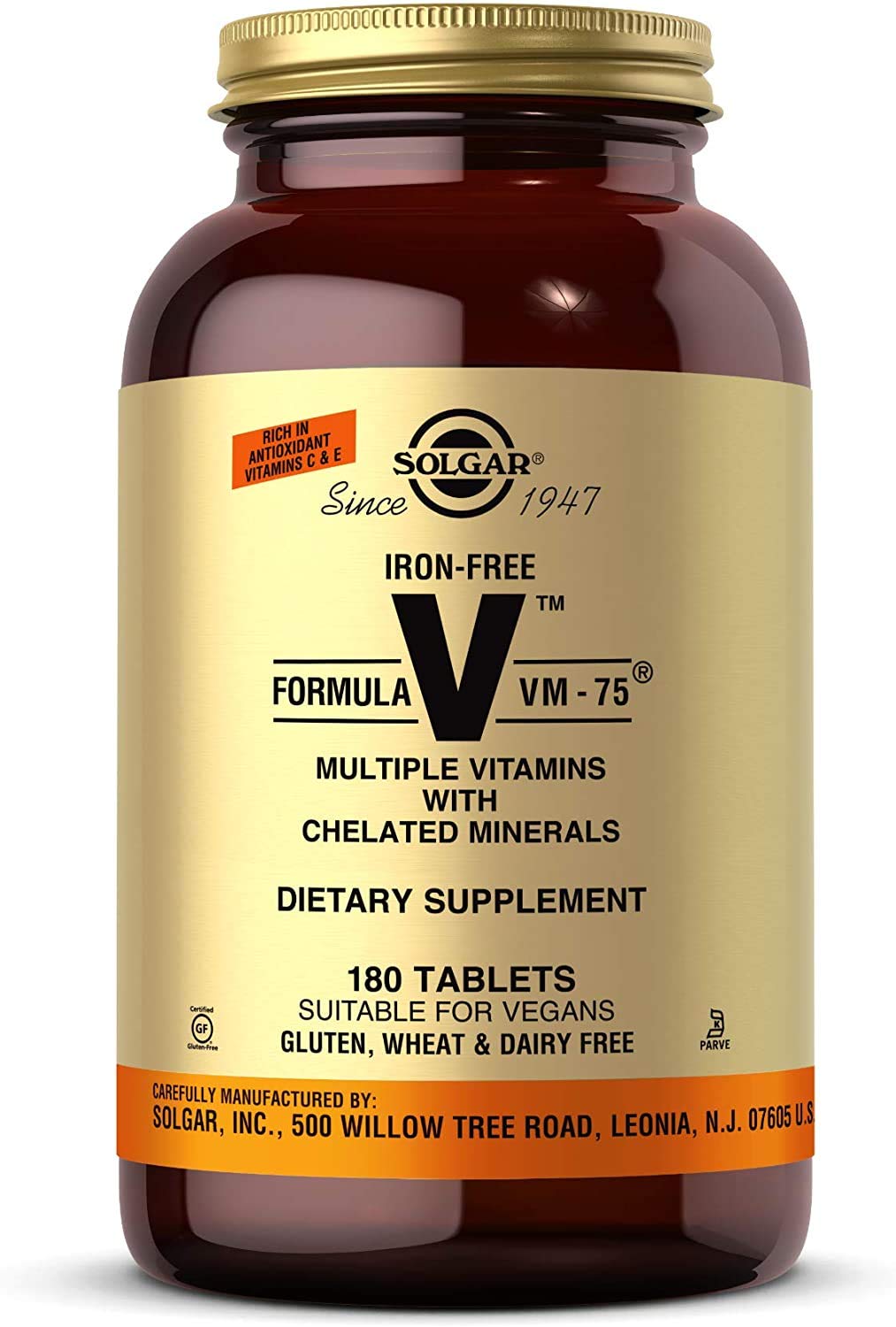 Solgar Iron-Free VM-75 bottle cap image highlighting brand and product status for daily use