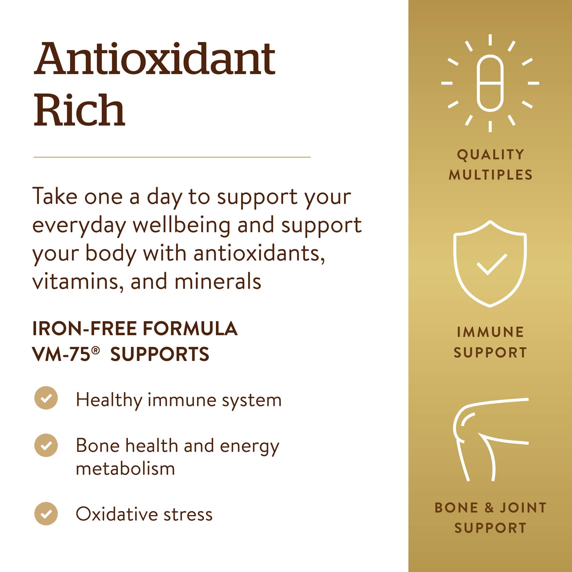 Solgar Iron-Free VM-75 chelated minerals illustration communicates enhanced mineral support