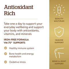 Solgar Iron-Free VM-75 chelated minerals illustration communicates enhanced mineral support