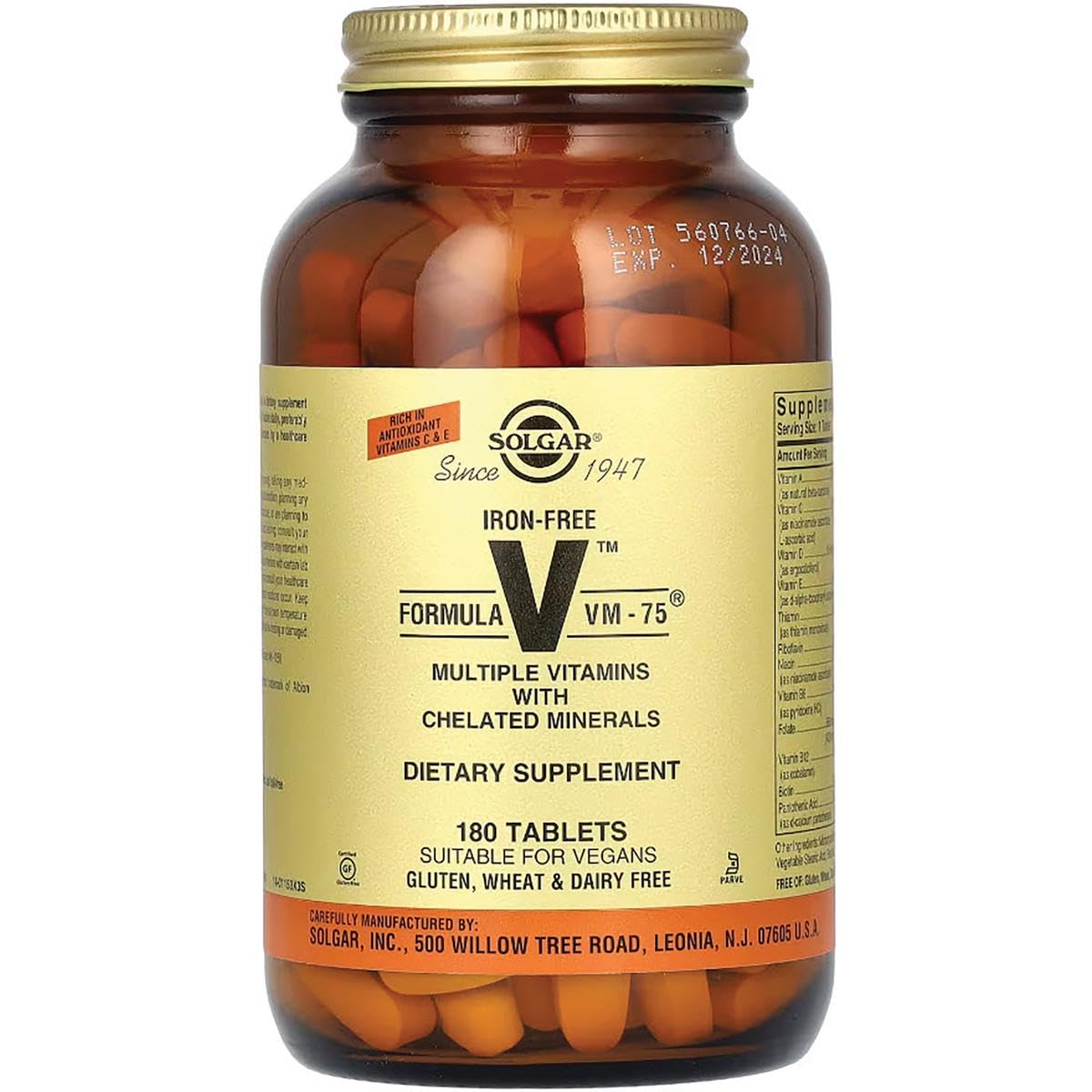 Solgar Iron-Free VM-75 nutrition facts image highlighting essential vitamins and minerals