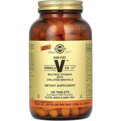Solgar Iron-Free VM-75 nutrition facts image highlighting essential vitamins and minerals