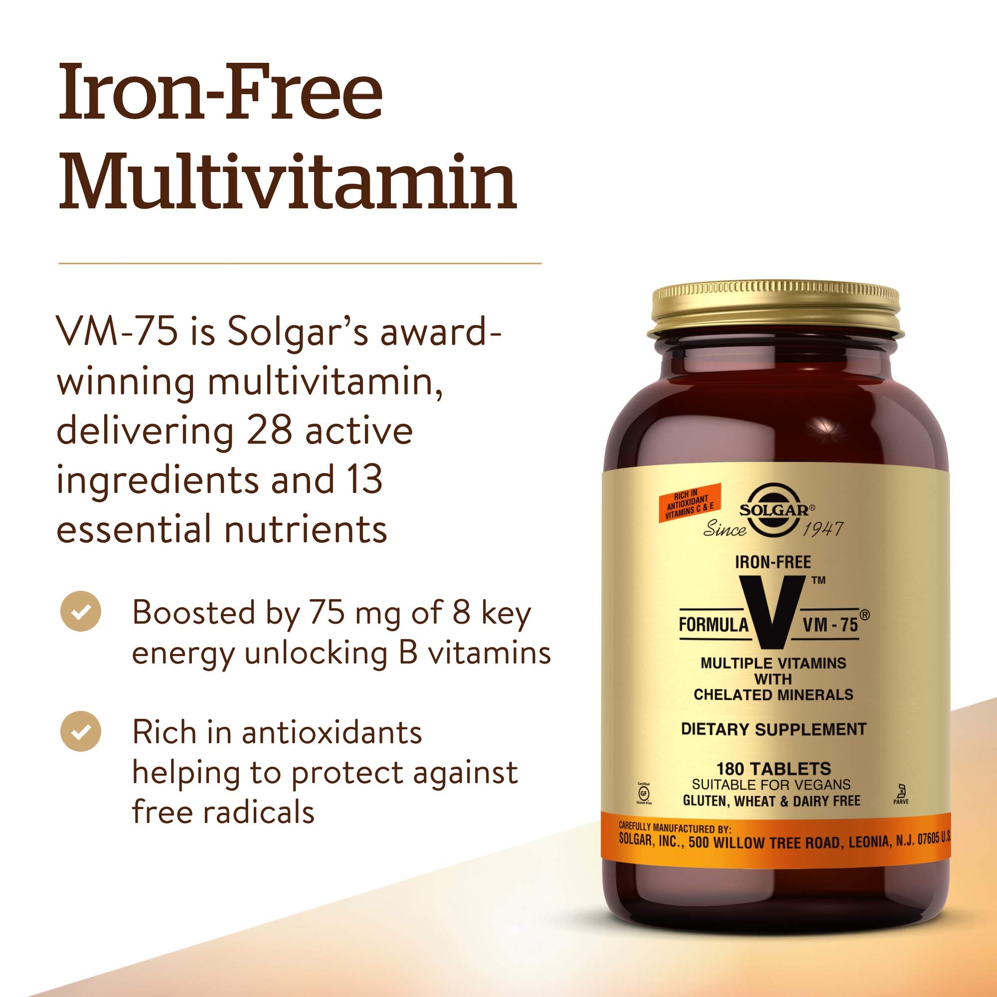 Solgar Iron-Free VM-75 tablets closeup showing easy-to-take vegan tablets