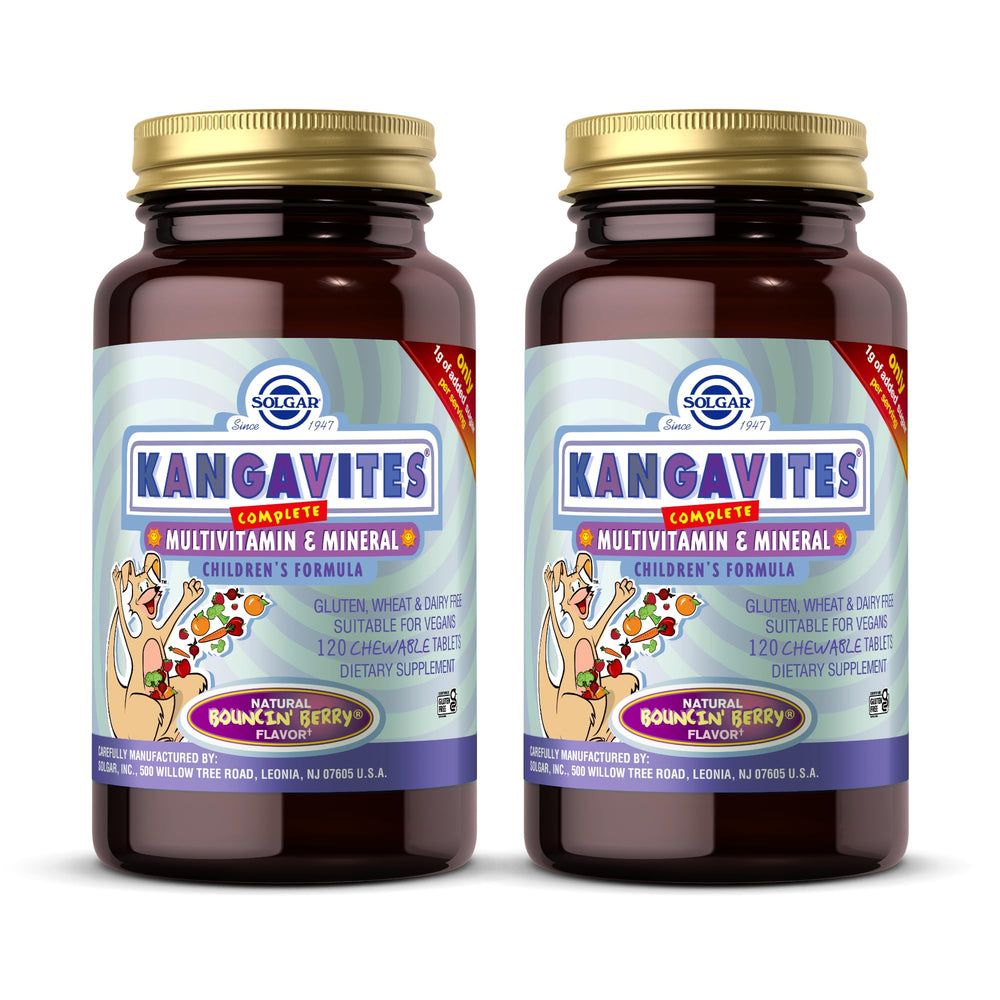 Solgar Kangavites Bouncin’ Berry bottle for kids, vegan multivitamin for daily wellness.