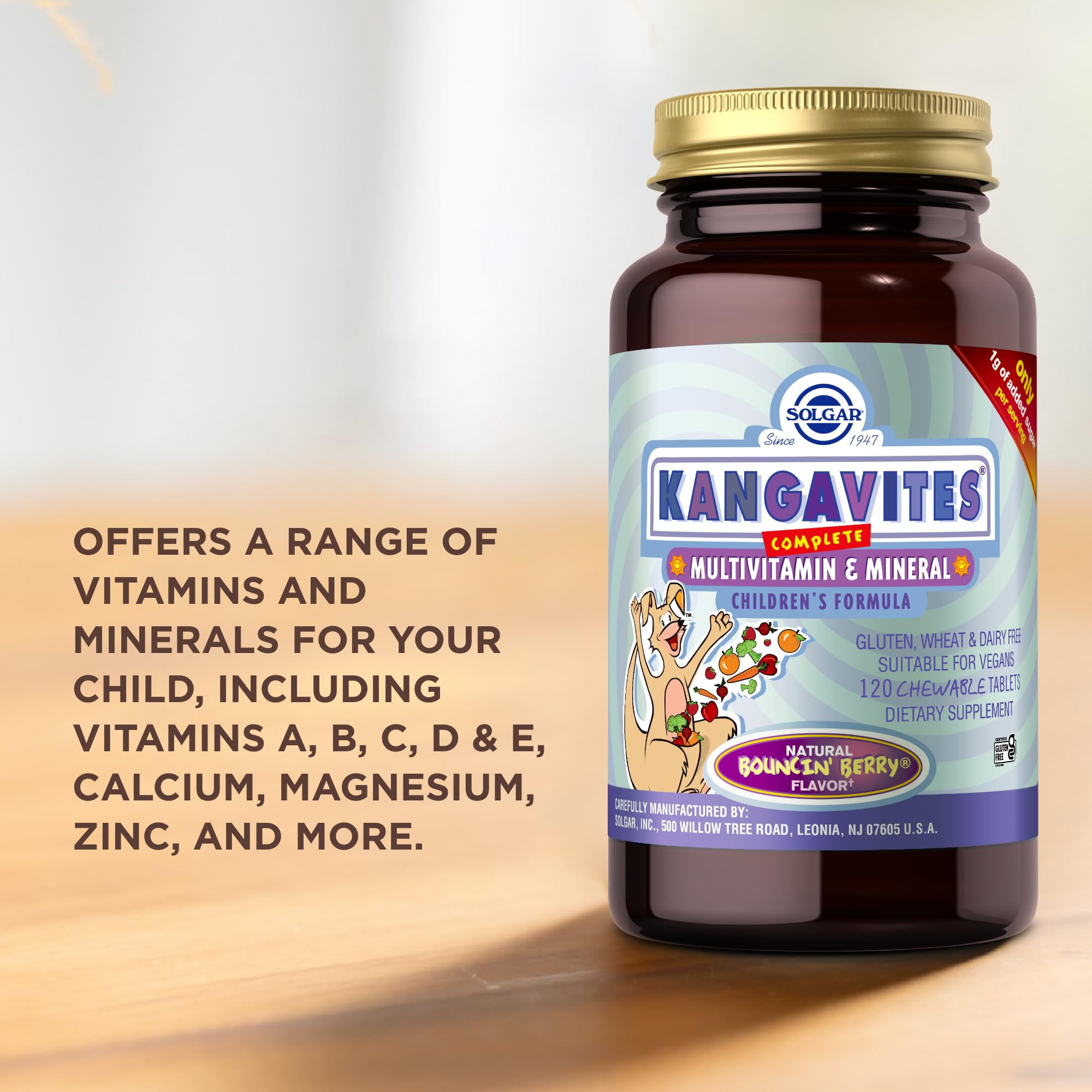 Solgar Kangavites packaging shows vegan and gluten-free claims for parents.