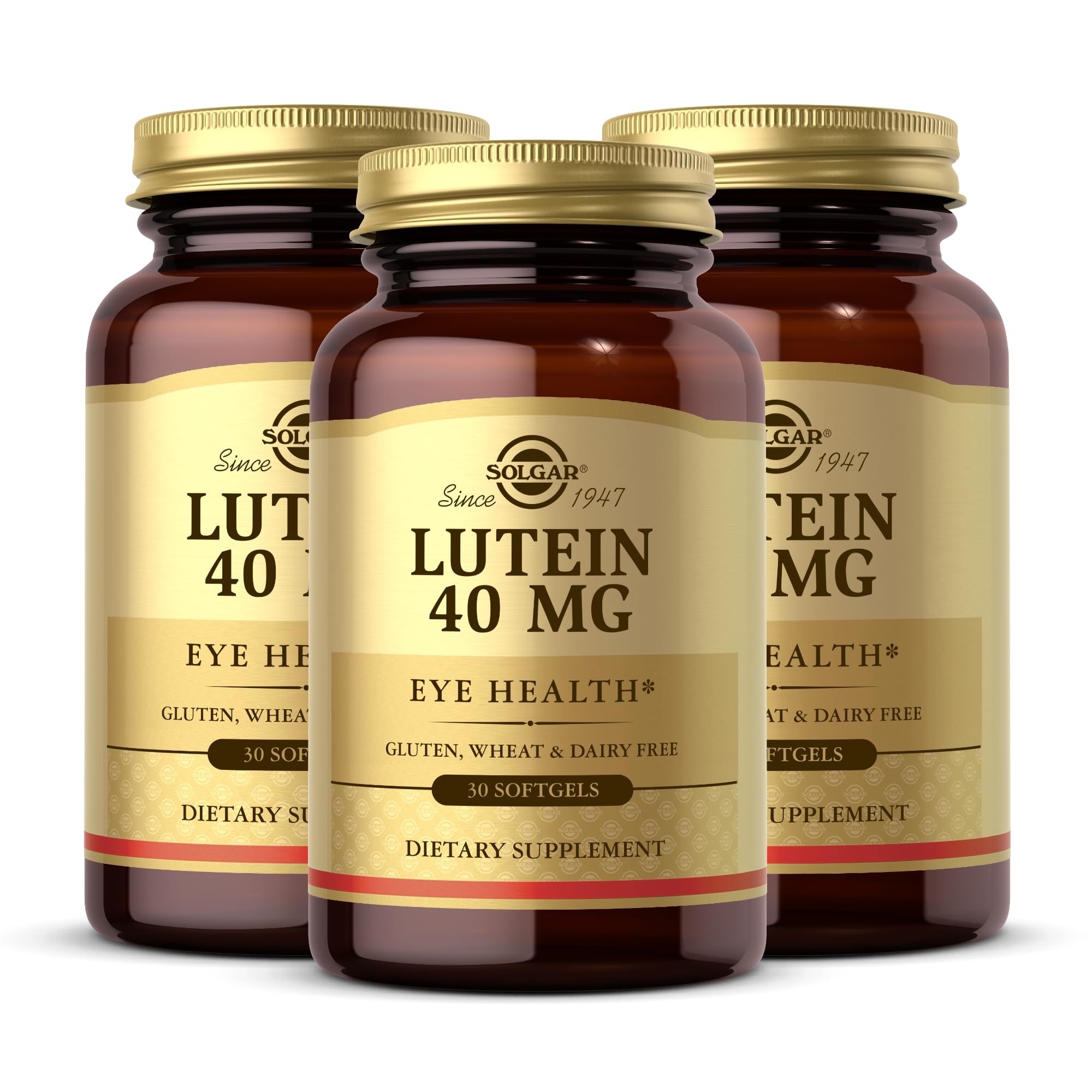 Solgar Lutein softgels packaging showcases gluten-free and dairy-free formulation.