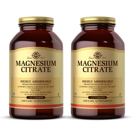 Solgar Magnesium Citrate bottle front highlighting highly absorbable mineral for daily energy.