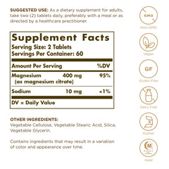 Solgar Magnesium Citrate tablets close-up showing small, easy-to-swallow shape.