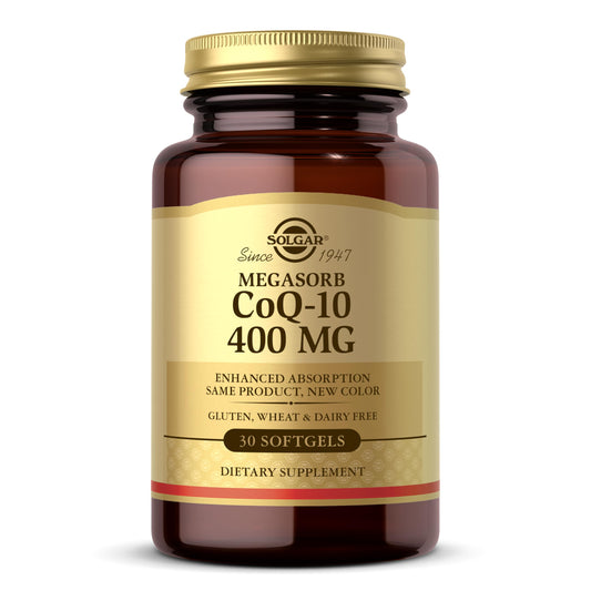 Solgar Megasorb CoQ-10 400 mg bottle with oil-based softgels for enhanced absorption.
