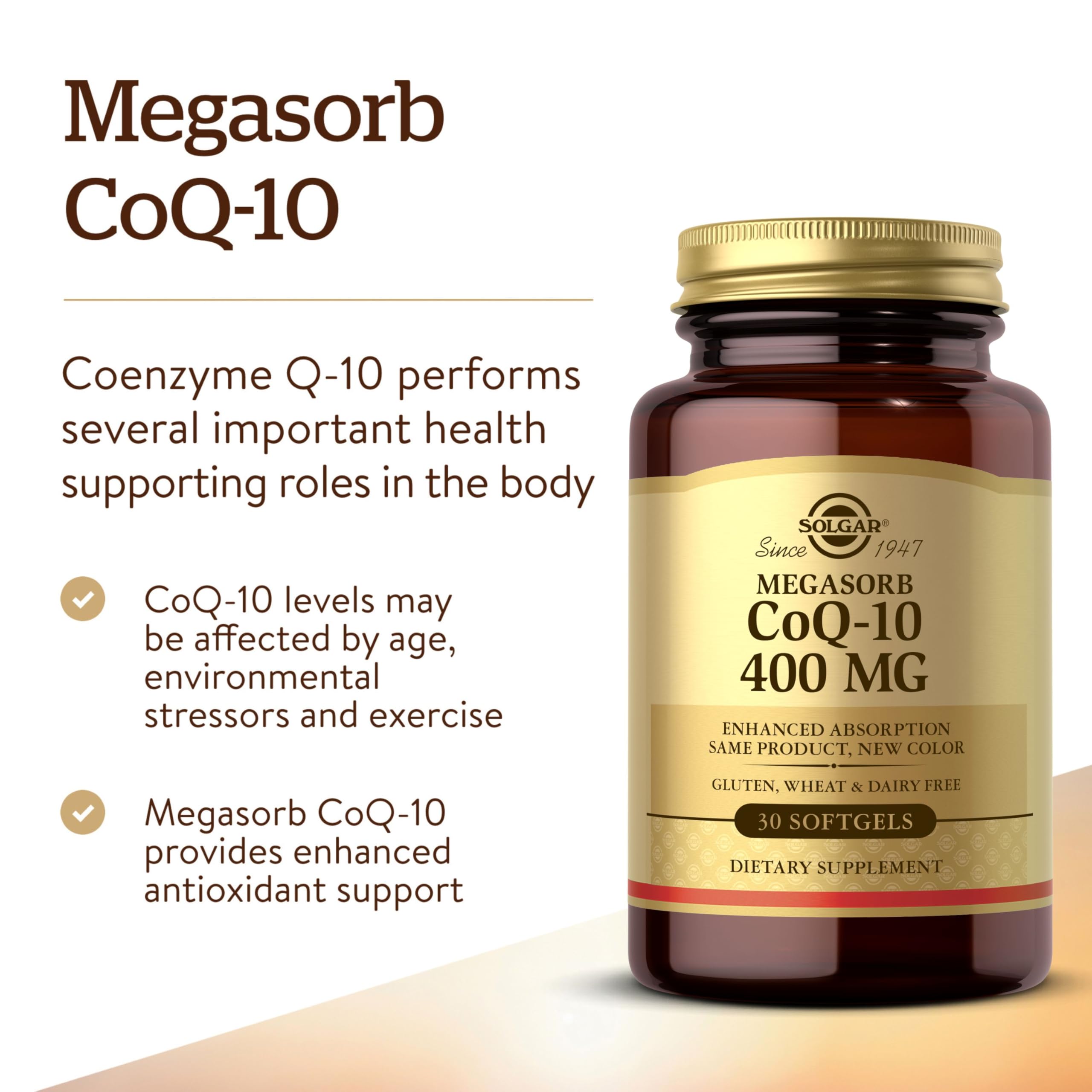 Solgar Megasorb CoQ-10 label highlighting gluten-free and dairy-free status.