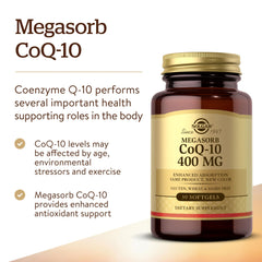 Solgar Megasorb CoQ-10 label highlighting gluten-free and dairy-free status.