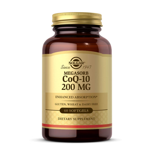 Solgar Megasorb CoQ-10 softgels in bottle; convenient daily use may support heart health.