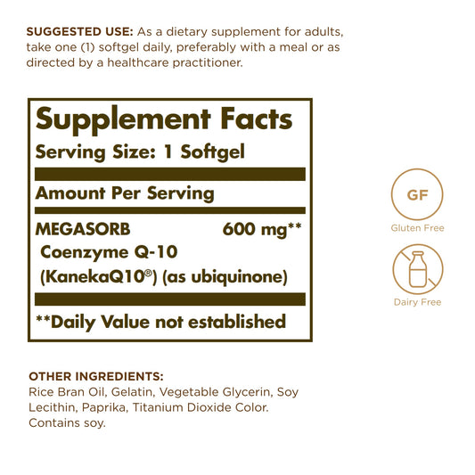 Solgar Megasorb CoQ-10 softgels close-up showing easy-to-swallow capsules