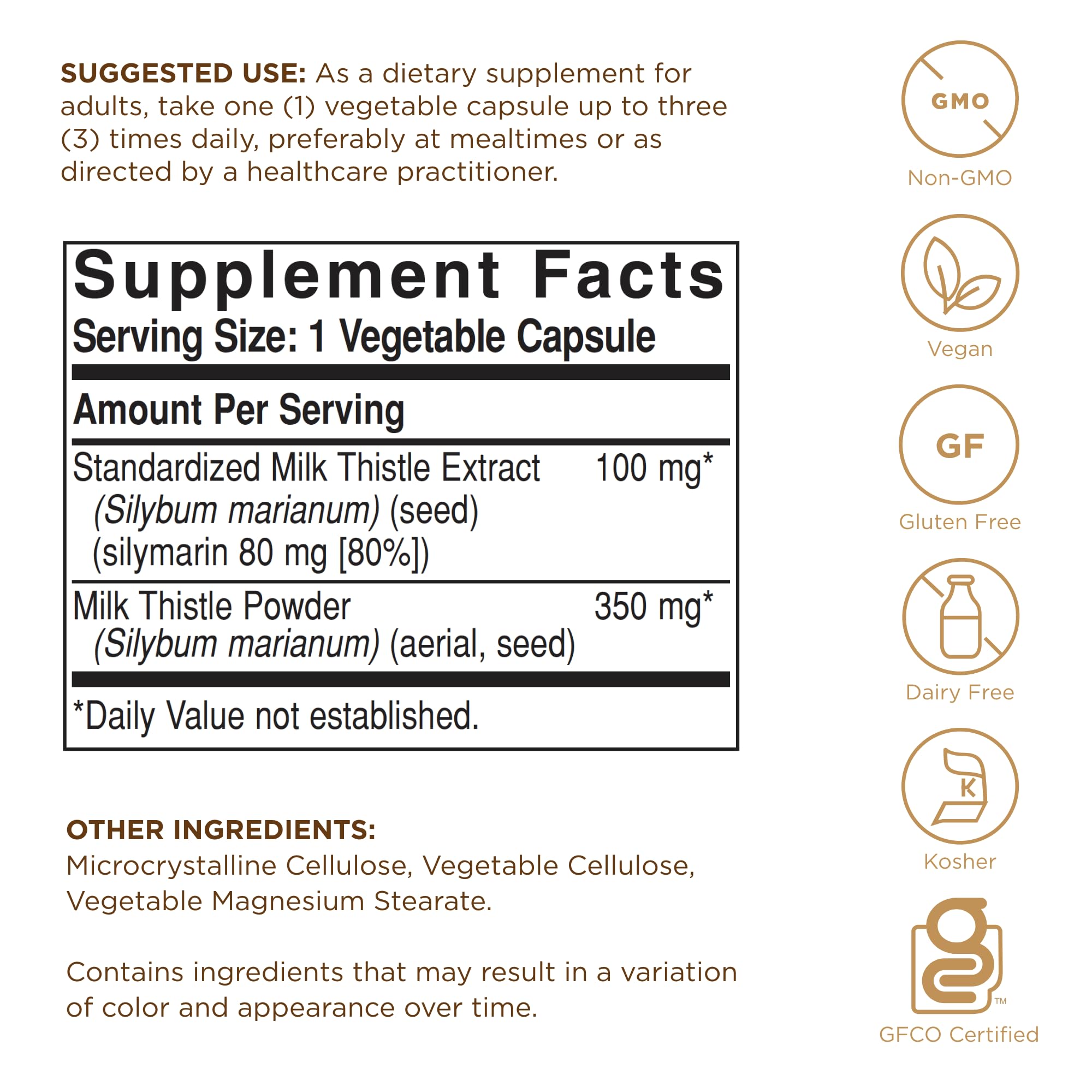 Solgar Milk Thistle bottle label showing 100 mg per veggie cap