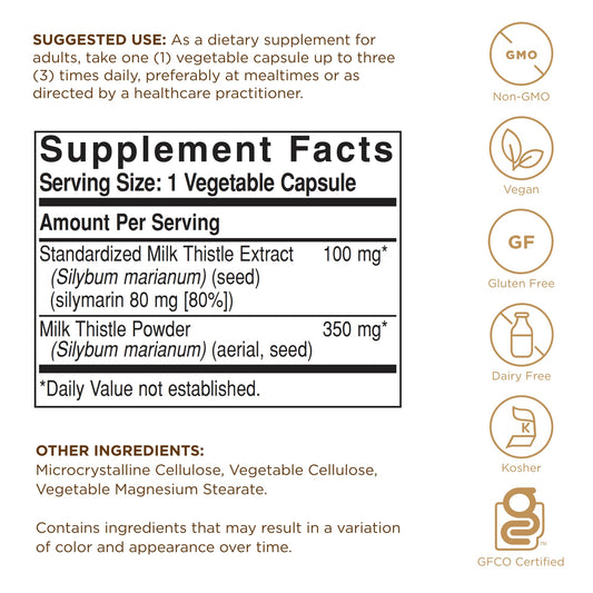 Solgar Milk Thistle bottle label showing 100 mg per veggie cap