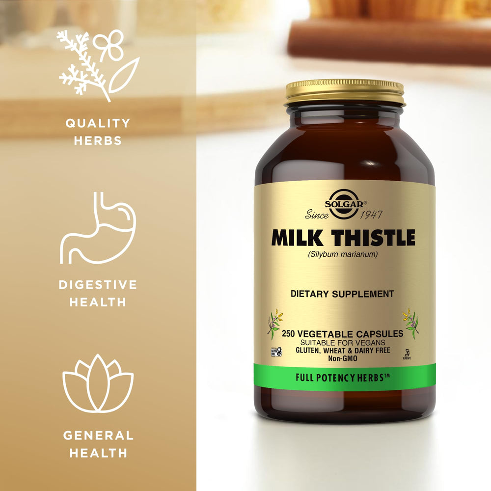 Solgar Milk Thistle capsules stacked to show 1-cap serving size