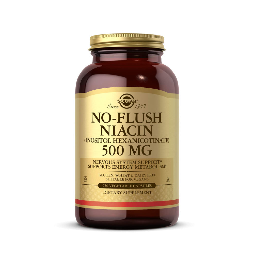 Solgar No-Flush Niacin 500mg bottle front signals reliable energy support.