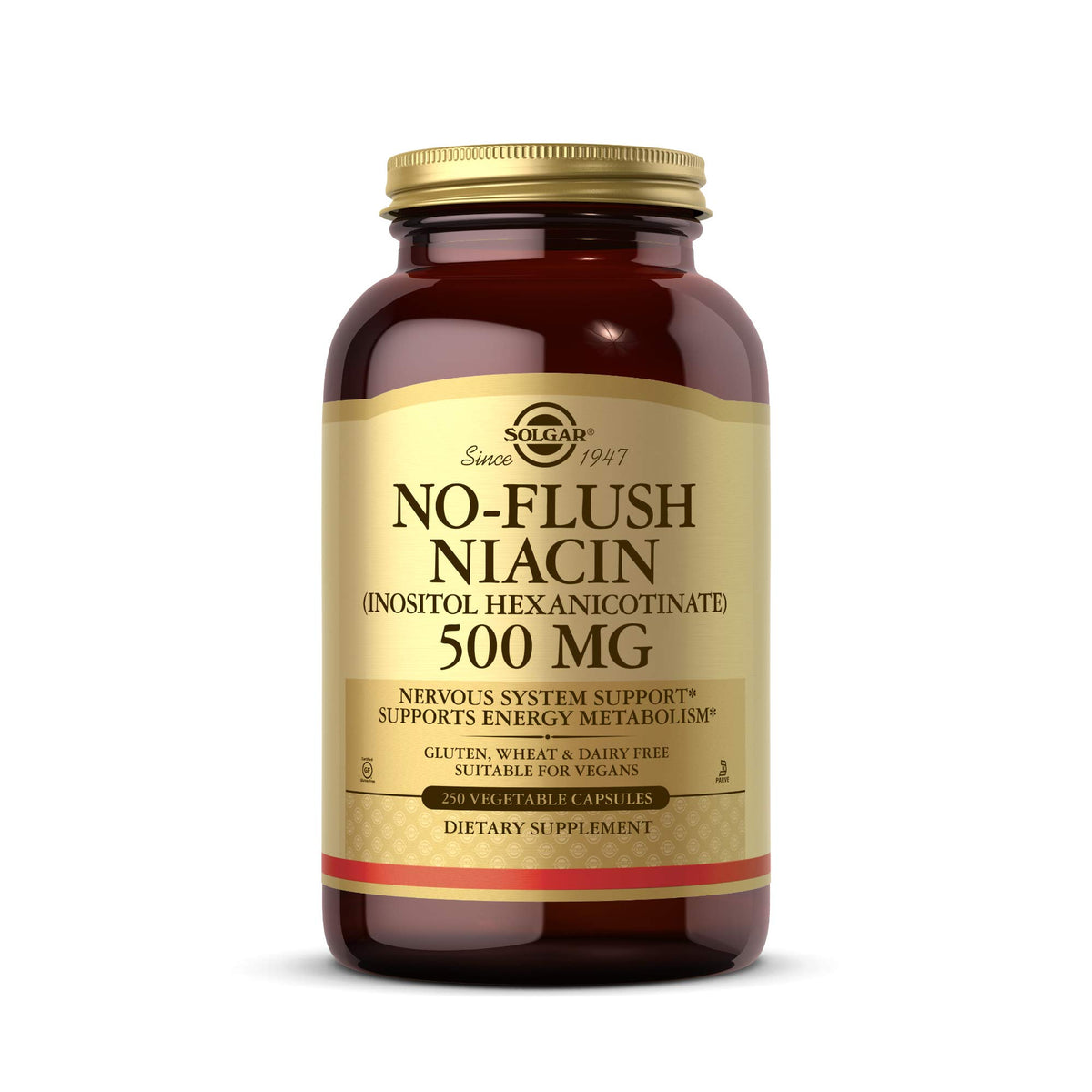 Solgar No-Flush Niacin 500mg bottle front signals reliable energy support.