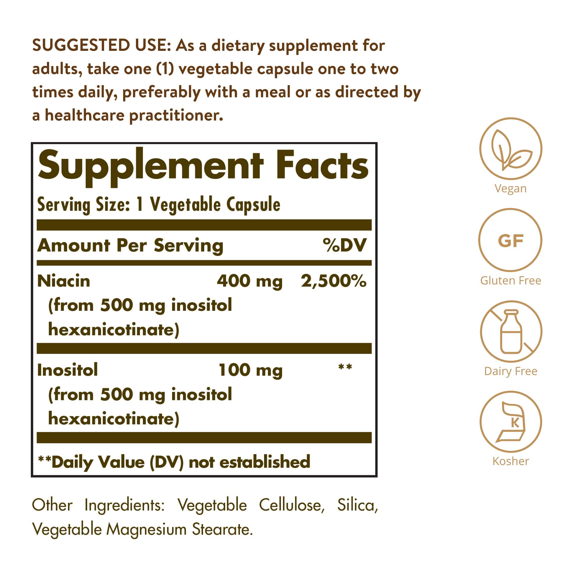 Solgar No-Flush Niacin 500mg capsules closeup shows uniform veggie capsules for daily use.