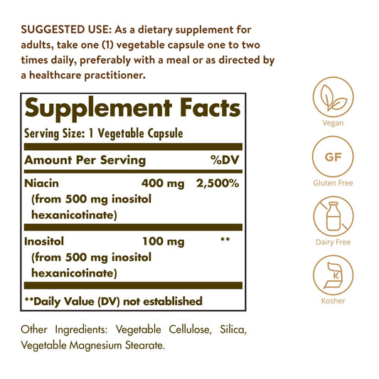 Solgar No-Flush Niacin 500mg capsules closeup shows uniform veggie capsules for daily use.