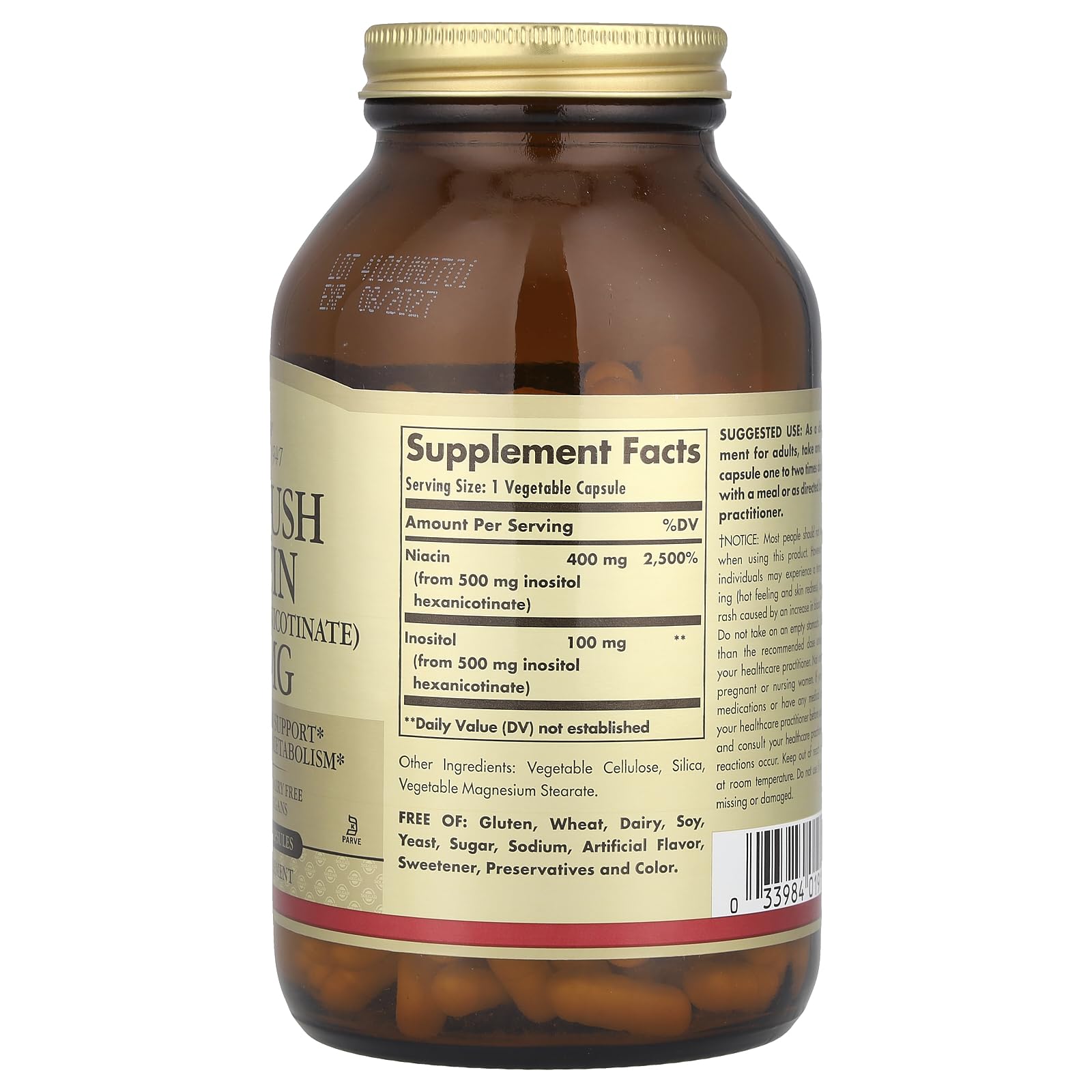 Solgar No-Flush Niacin ingredients panel highlights gentle inositol-bound niacin.