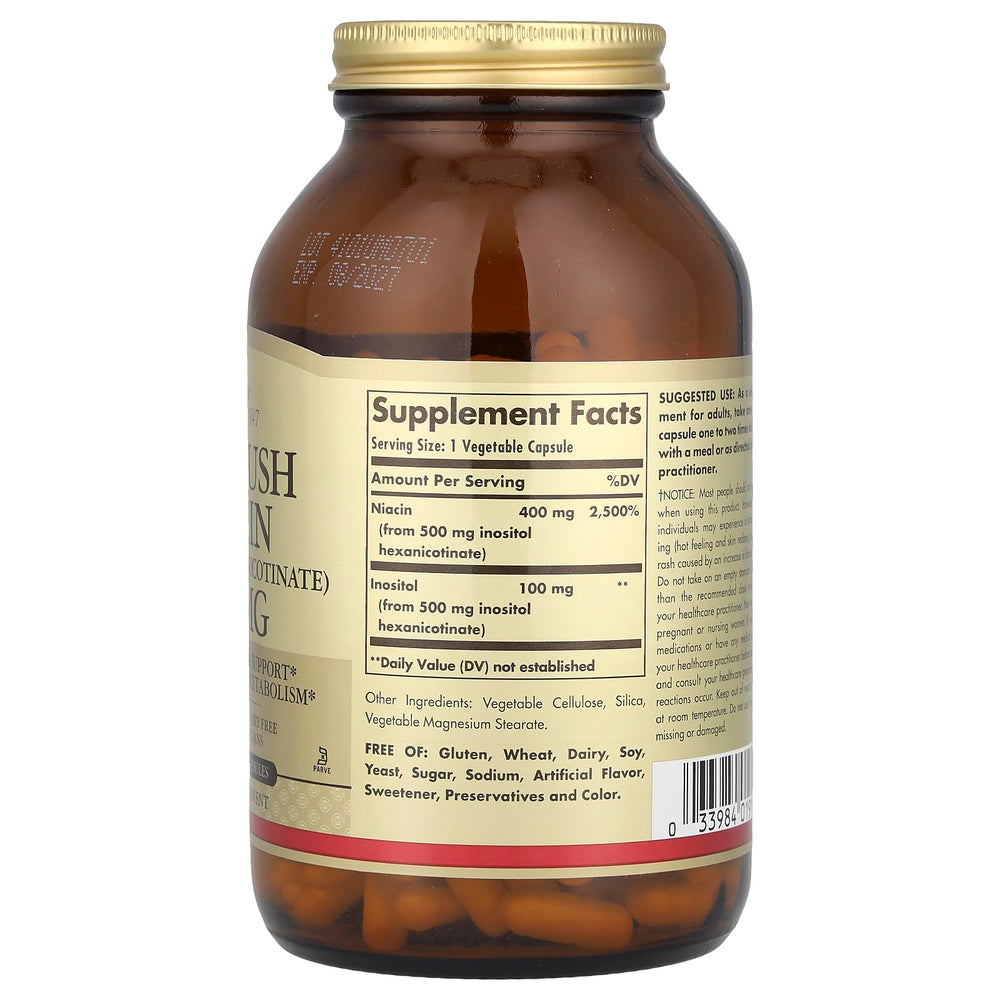 Solgar No-Flush Niacin ingredients panel highlights gentle inositol-bound niacin.