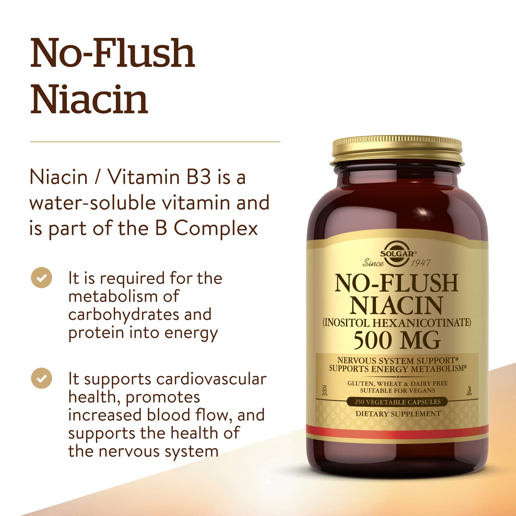 Solgar No-Flush Niacin label details emphasize no-flush delivery and 400 mg per serving.