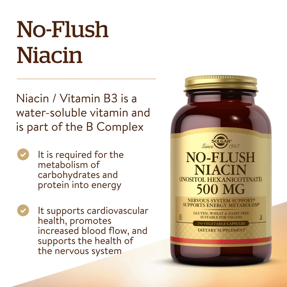 Solgar No-Flush Niacin label details emphasize no-flush delivery and 400 mg per serving.