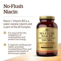 Solgar No-Flush Niacin label details emphasize no-flush delivery and 400 mg per serving.