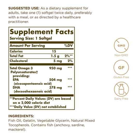 Solgar Omega-3 softgels on table highlighting dairy-free and gluten-free benefits.