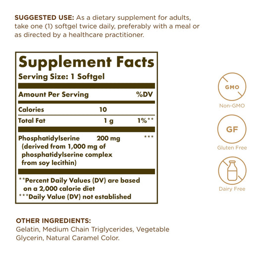 Solgar Phosphatidylserine 200 mg softgels pack highlights convenient brain support routine.