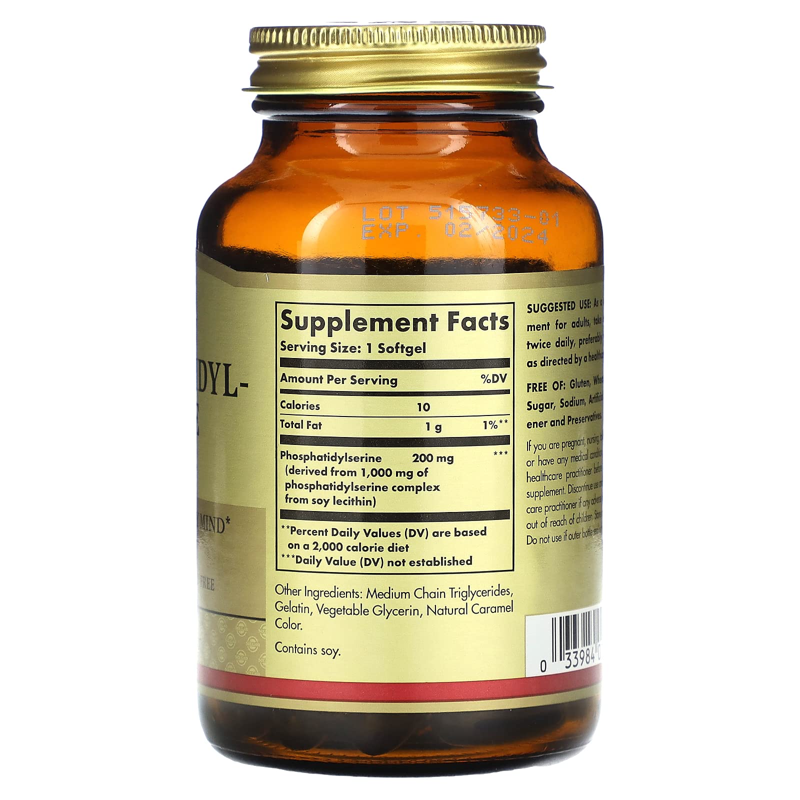 Solgar phosphatidylserine label view on bottle highlighting brain-supporting ingredients.