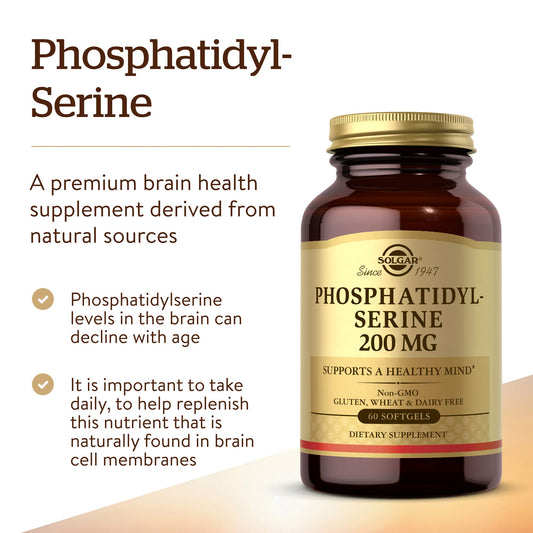 Solgar phosphatidylserine softgels close-up showing 60 capsules for brain health.