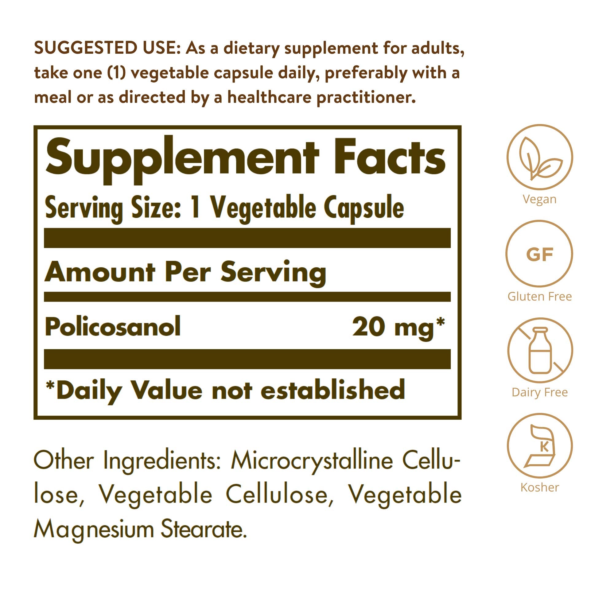 Solgar Policosanol 20 mg capsules label highlighting ingredients.