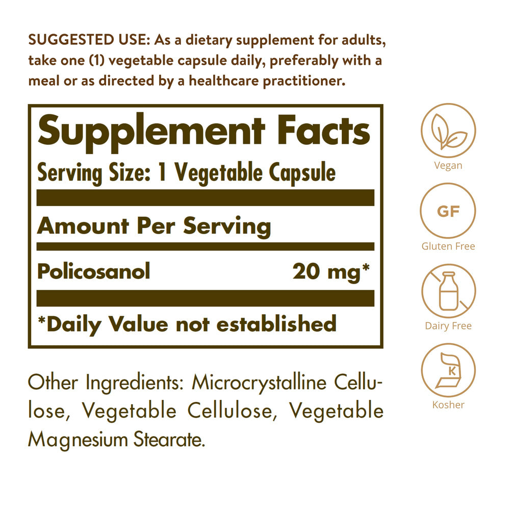 Solgar Policosanol 20 mg capsules label highlighting ingredients.